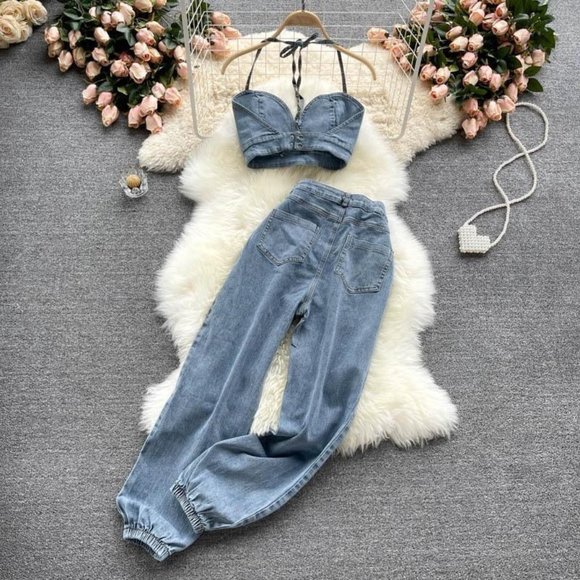 Sexy Backless Denim Sling Top and Long Pants Two Piece Set - Picture 2 of 3